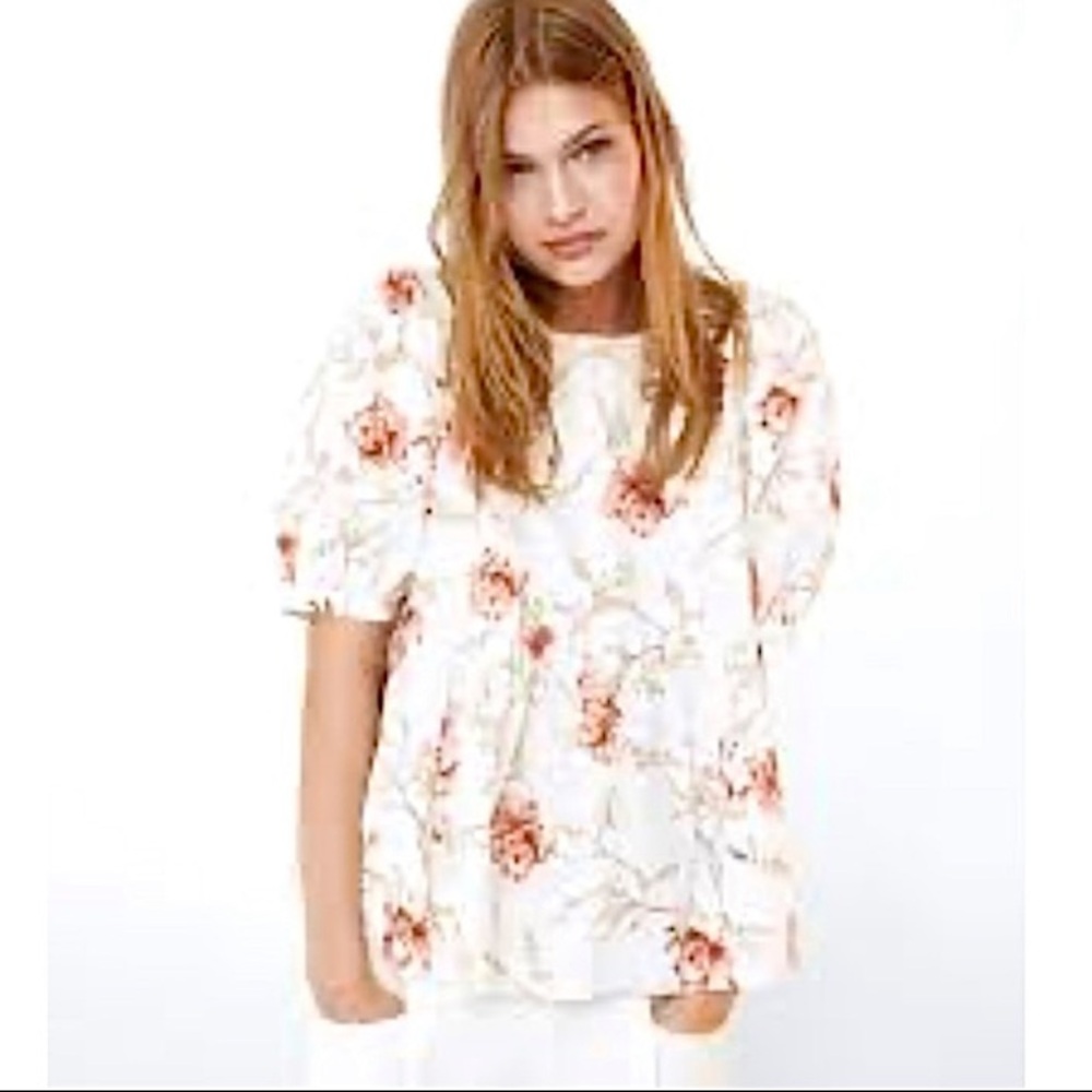 ZARA Printed Linen Puff Sleeve Floral Top Bloggers Favorite NWT
